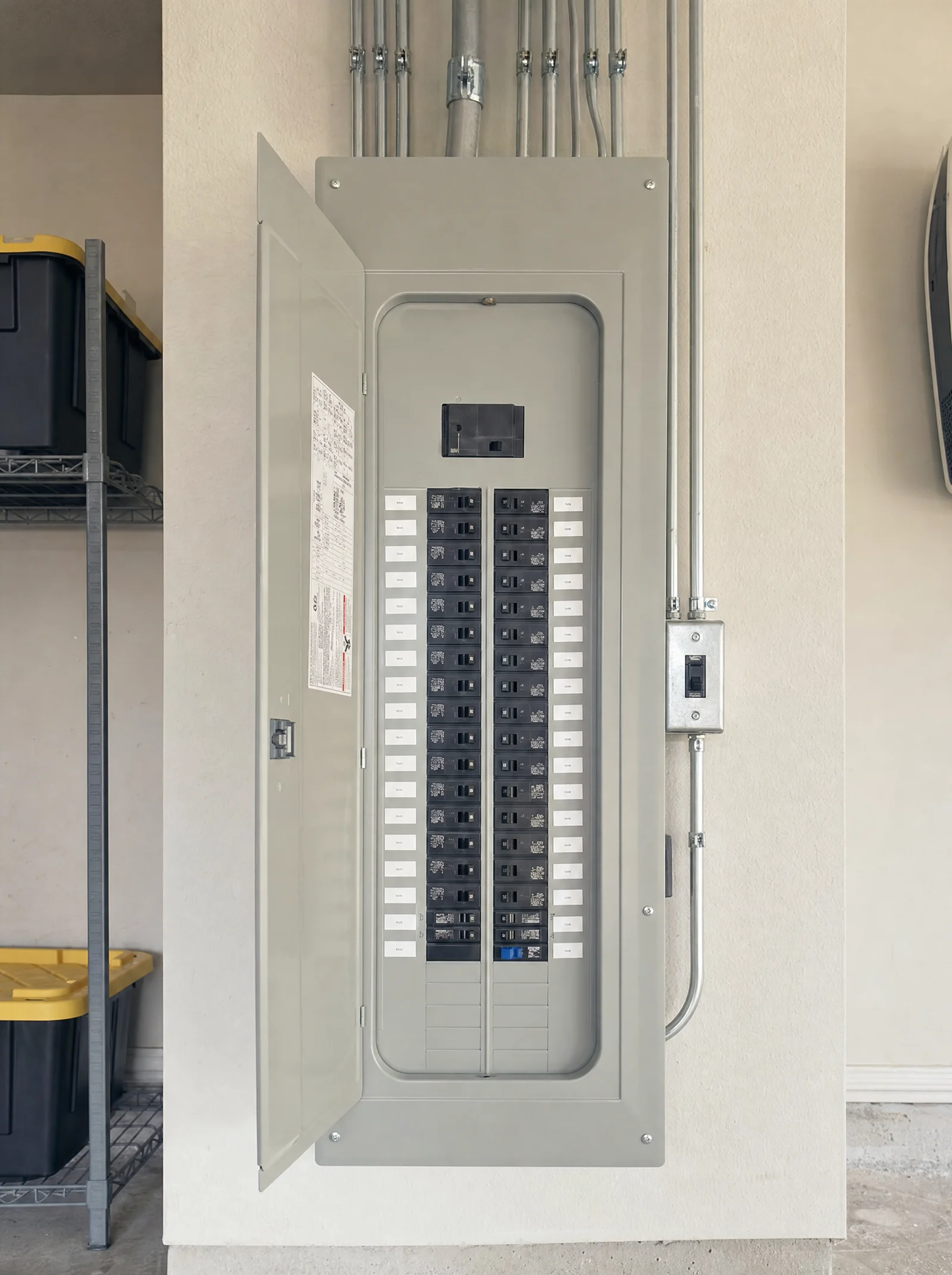Open residential electrical panel with two rows of labeled circuit breakers and conduit runs entering the top, mounted on a garage wall