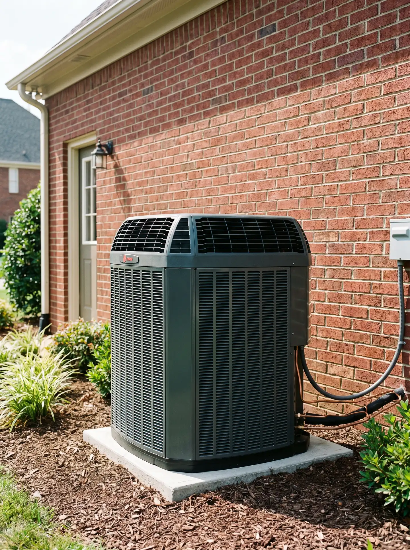 Outdoor air conditioning condenser unit on a concrete pad beside a red brick home, refrigerant lines running up to an exterior disconnect box