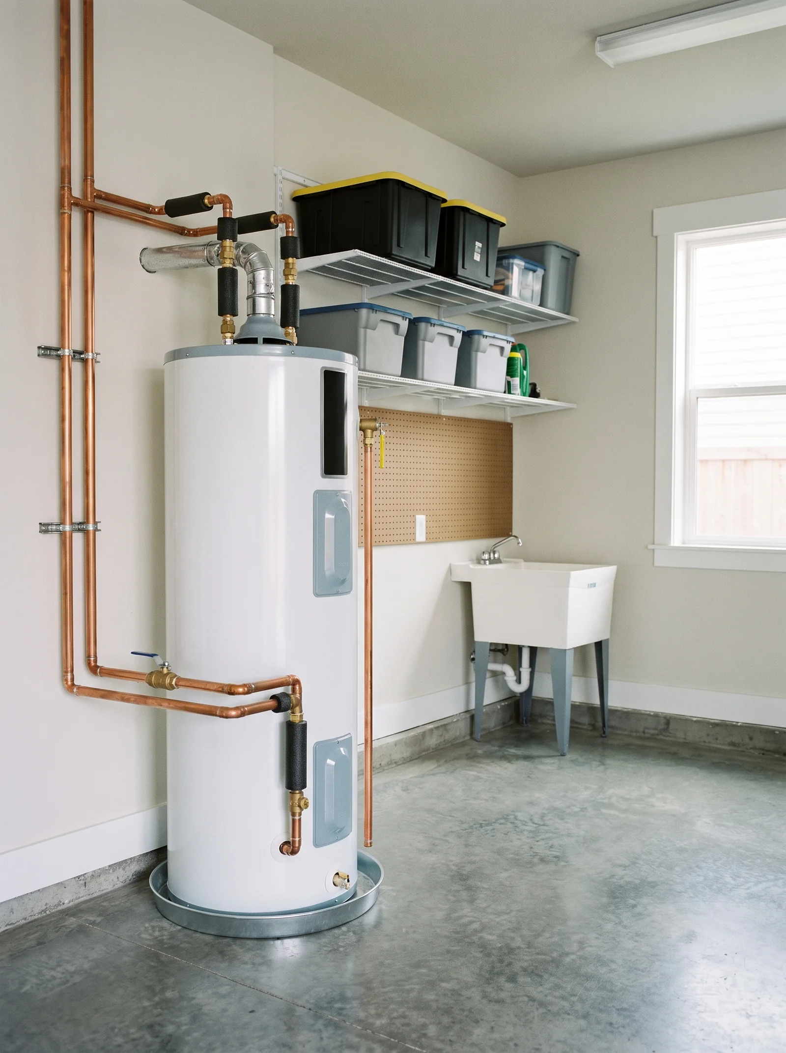 Water heater in a garage utility corner, fed by insulated copper supply lines with a brass shutoff valve, standing in a metal drip pan