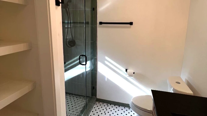 Modern bathroom with white penny tile, walk-in shower, and green subway tile